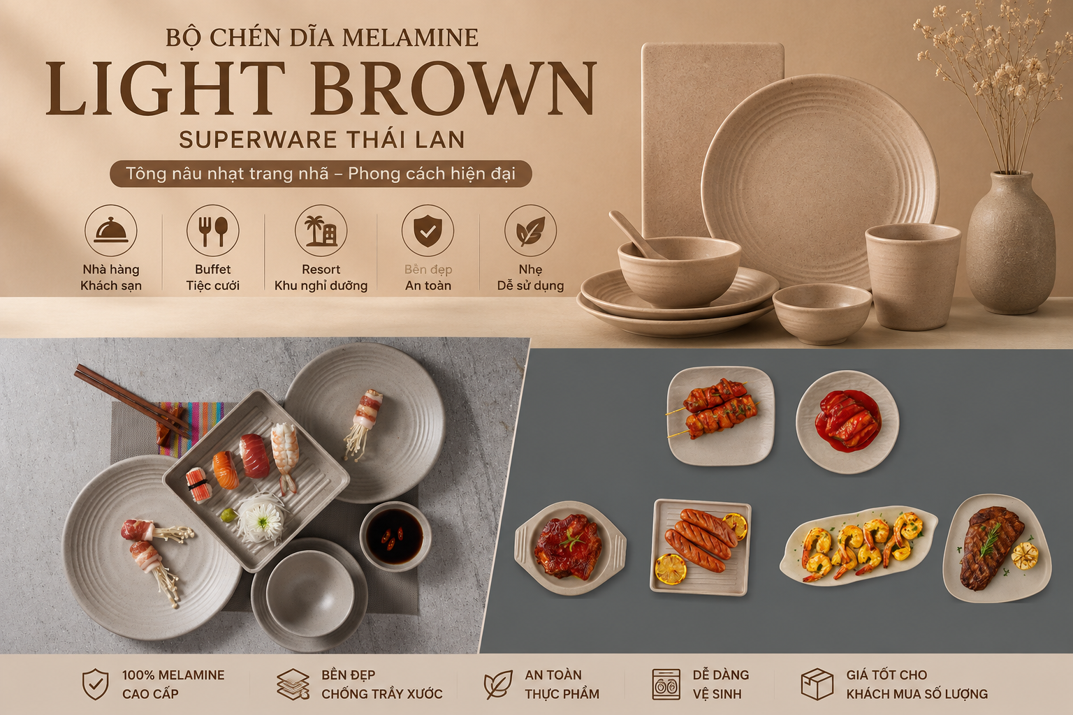 Bộ chén dĩa Light Brown Superware Thái Lan cho nhà hàng