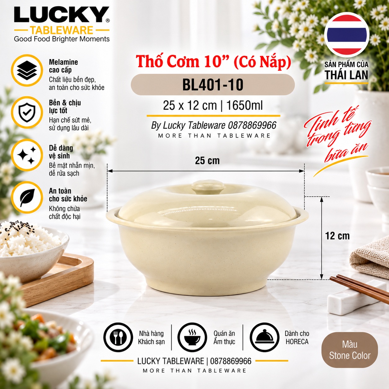 Kích thước Thố Cơm Có Nắp BL401-10 Nâu Bóng 25 x 25 x 12 cm