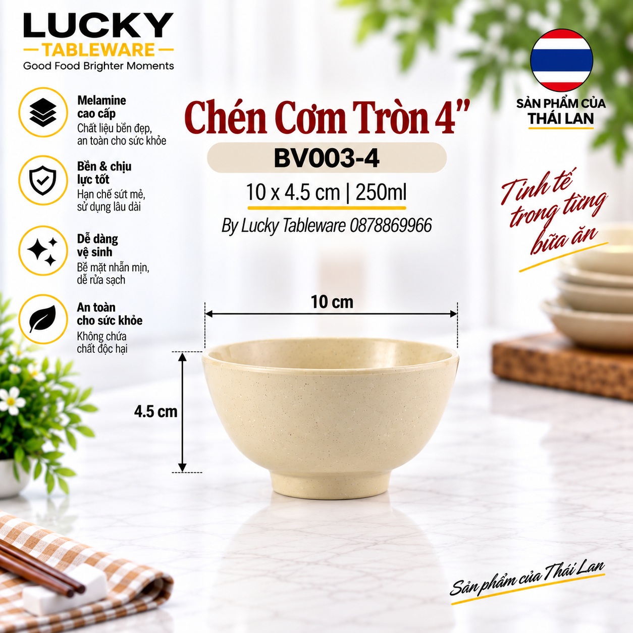 Kích thước Chén Cơm Tròn BV003-4 Nâu Bóng 10 x 10 x 4.5 cm 250 ml