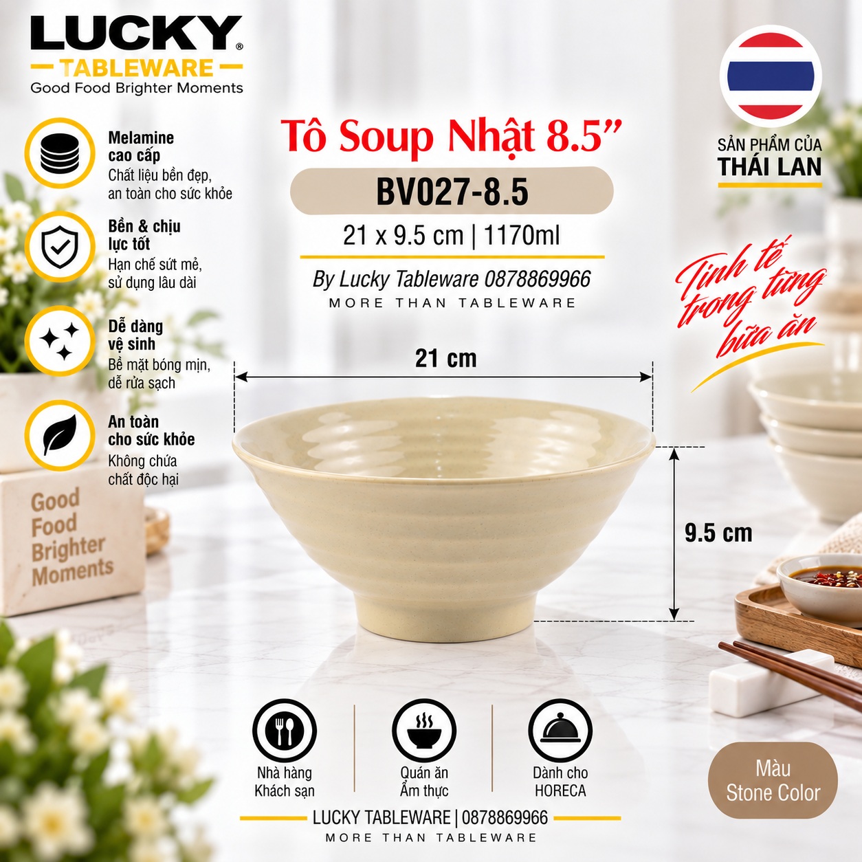 Kích thước Tô Soup Nhật BV027-8.5 Nâu Bóng 21 x 21 x 9.5 cm
