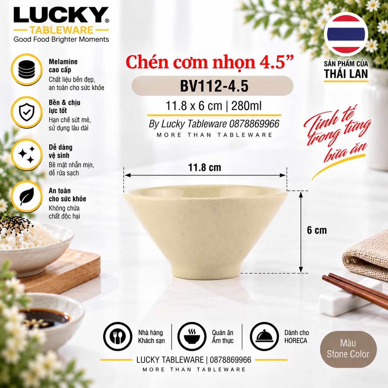 Kích thước Chén Cơm Nhọn BV112-4.5 Nâu Bóng 11.8 x 6 cm