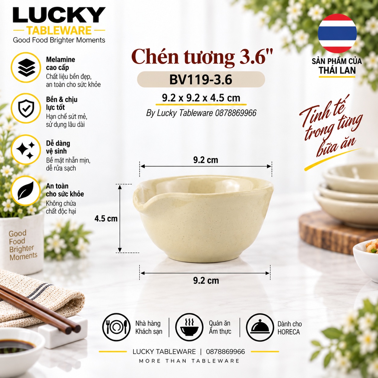 Kích thước Chén Tương BV119-3.6 Nâu Bóng 9.2 x 9.2 x 4.5 cm