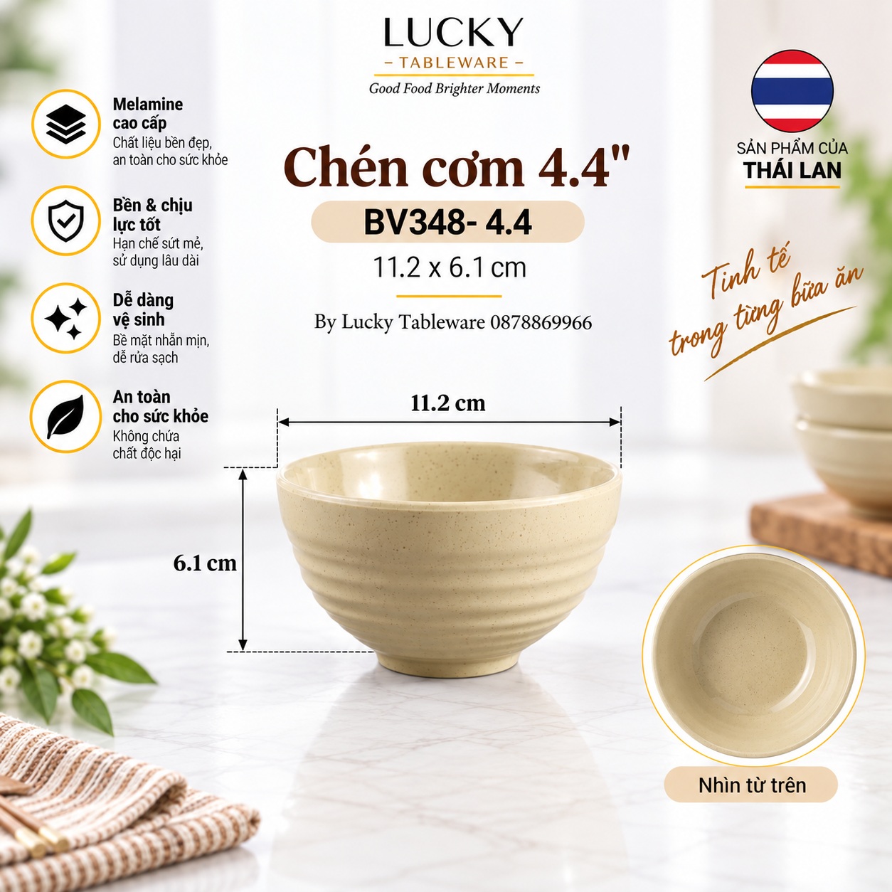 Kích thước Chén Cơm BV348-4.4 Nâu Bóng 11.2 x 6.1 cm