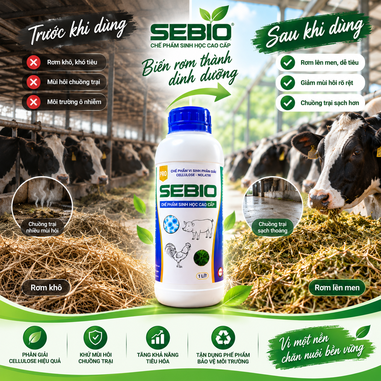 Chế phẩm vi sinh SEBIO 1 lít dùng trong chăn nuôi và xử lý môi trường