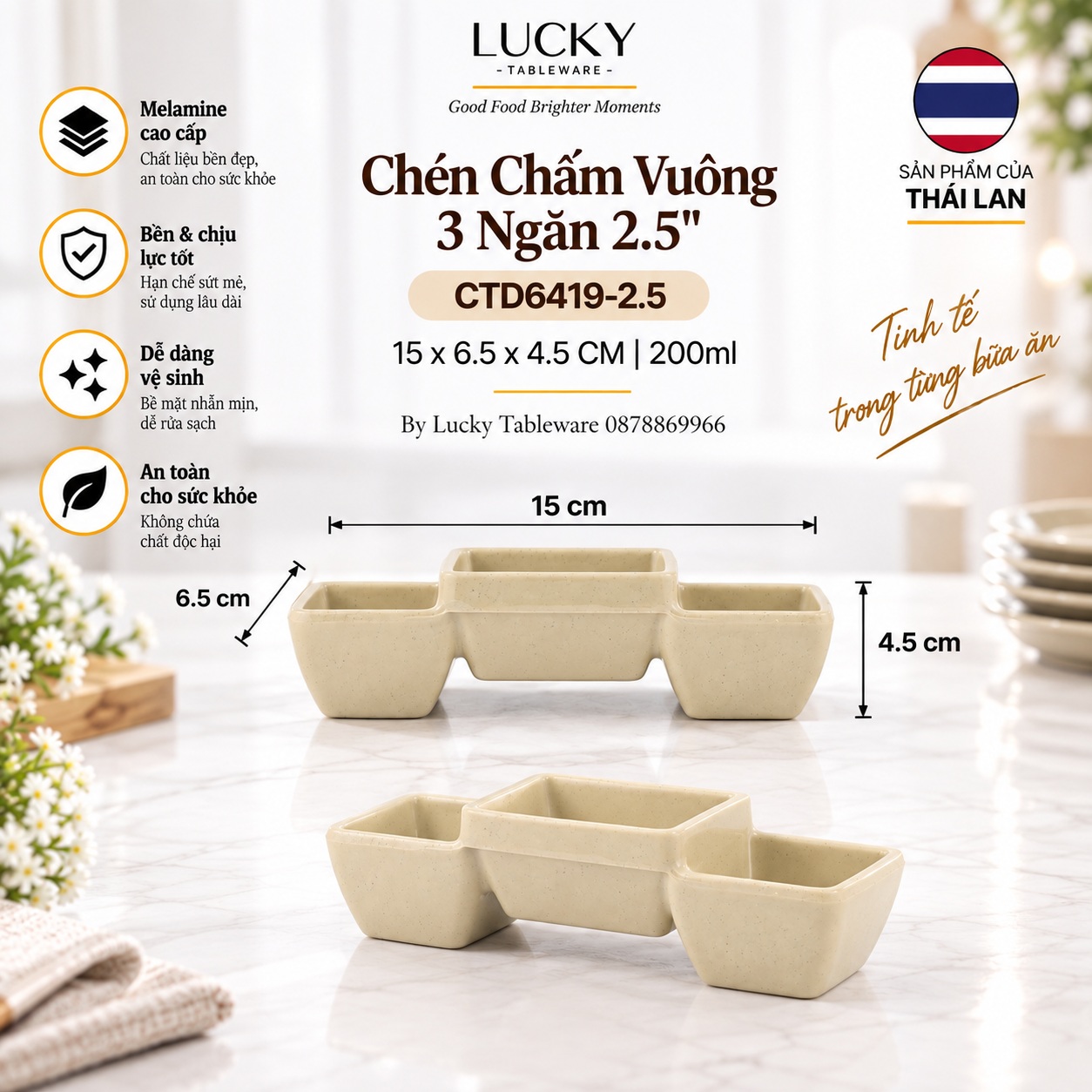 Kích thước Chén Chấm Vuông 3 Ngăn CTD6419-2.5 Nâu Bóng 15 x 6.5 x 4.5 cm 200 ml