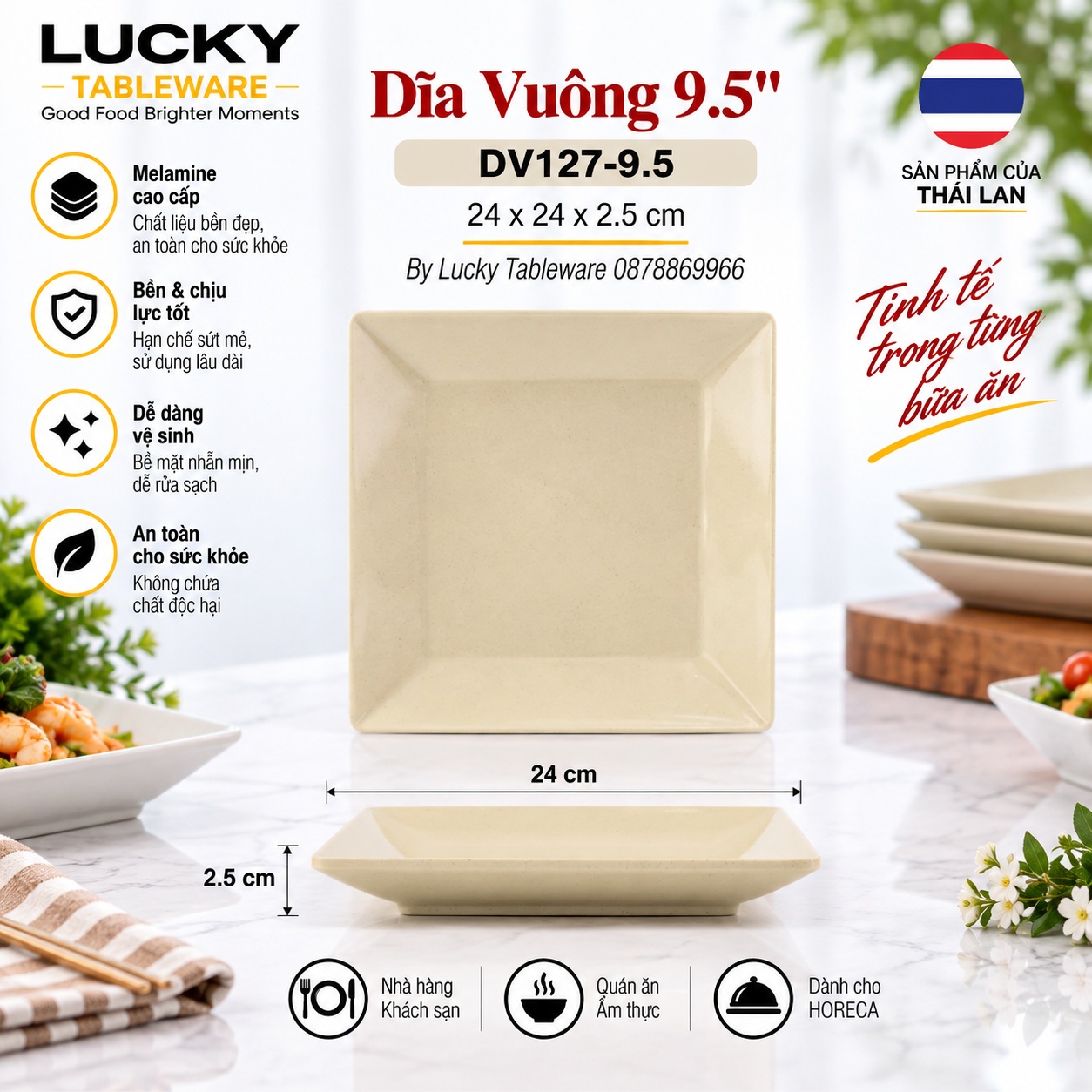 Kích thước Dĩa Vuông DV127-9.5 Nâu Bóng 24 x 24 x 2.5 cm