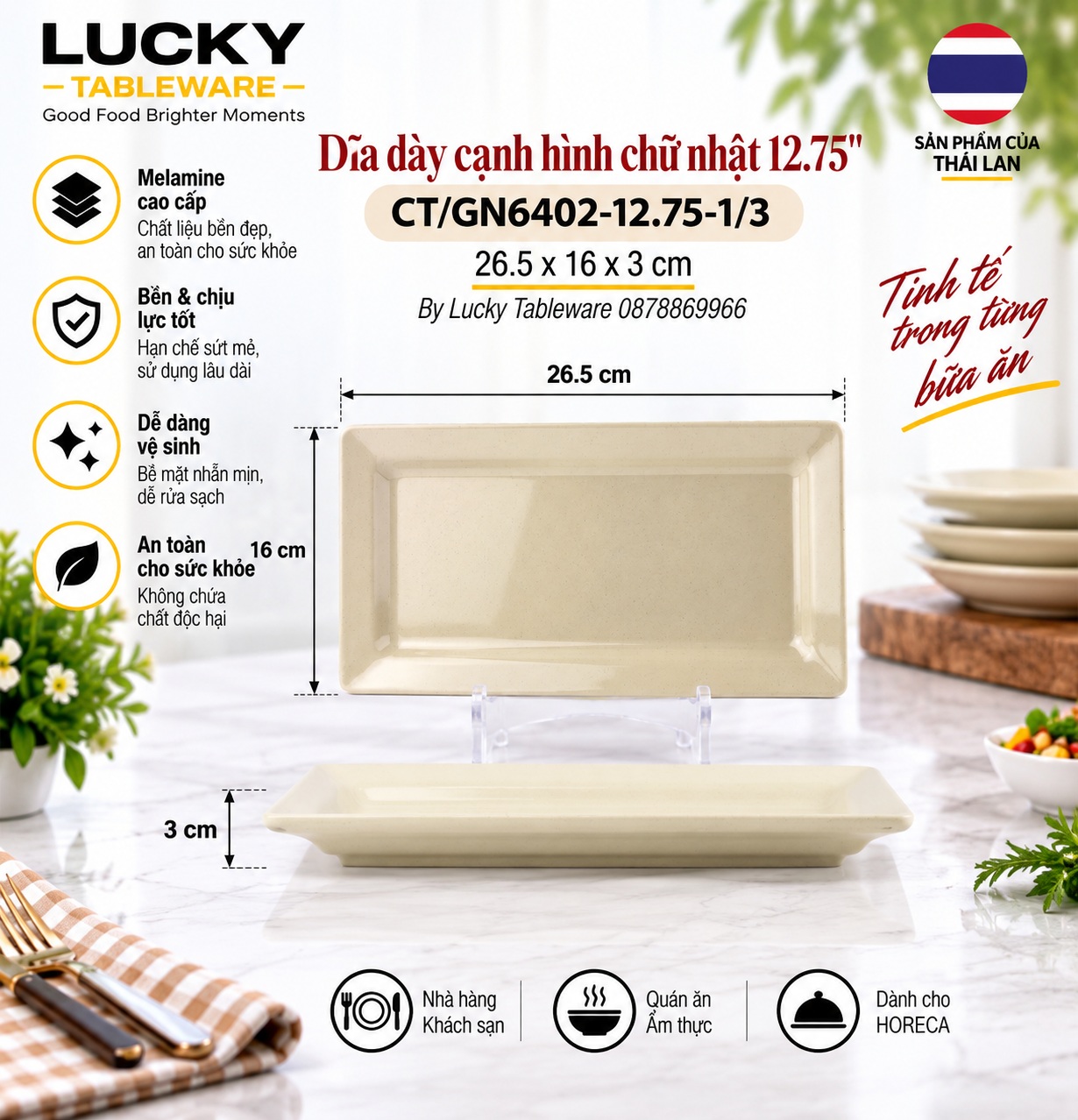 Kích thước Dĩa Dày Cạnh Hình Chữ Nhật CT/GN6402-12.75-1/3 26.5 x 16 x 3 cm