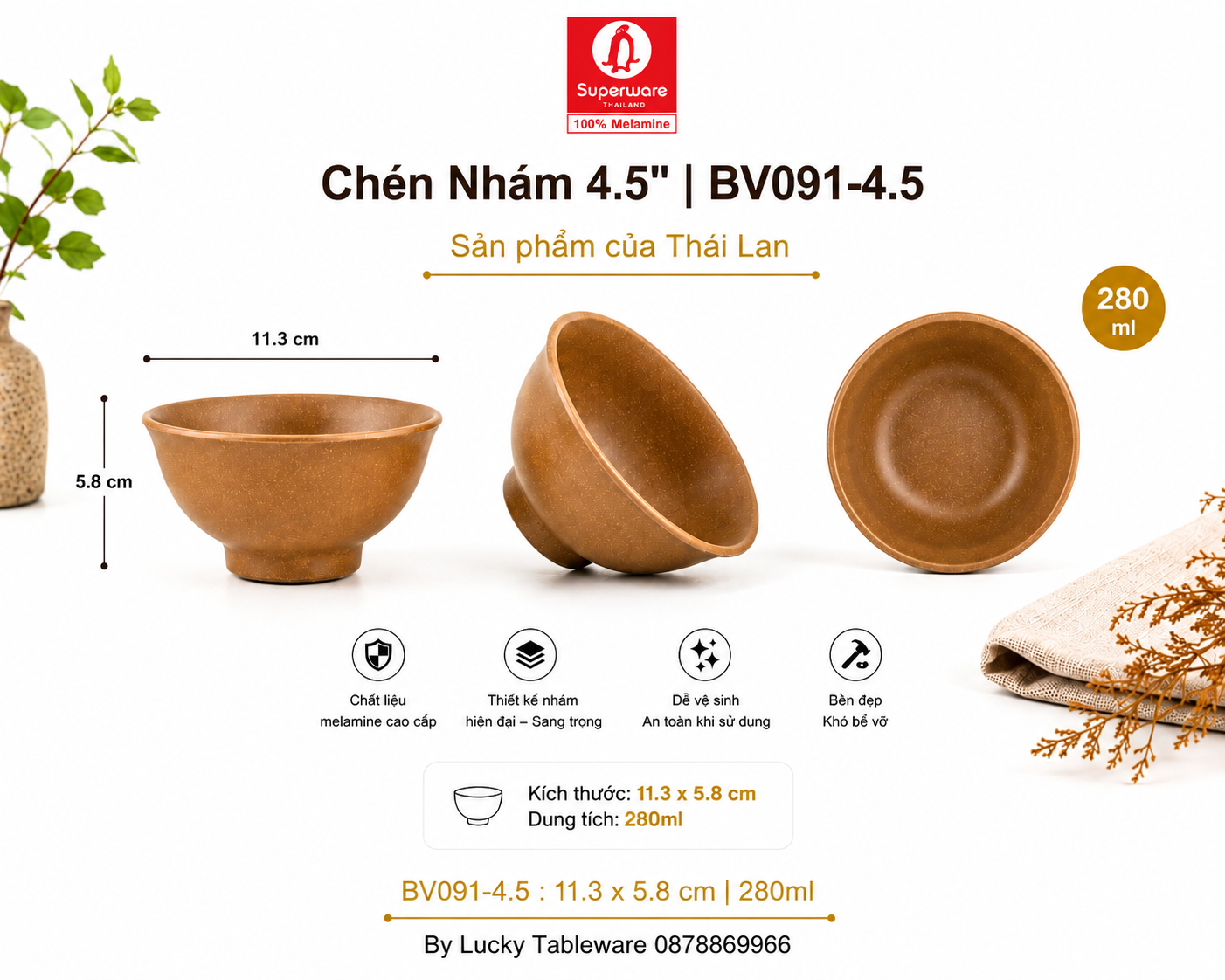 Chén BV091-4.5 Dark Brown kích thước 11.3 x 5.8 cm dung tích 280ml