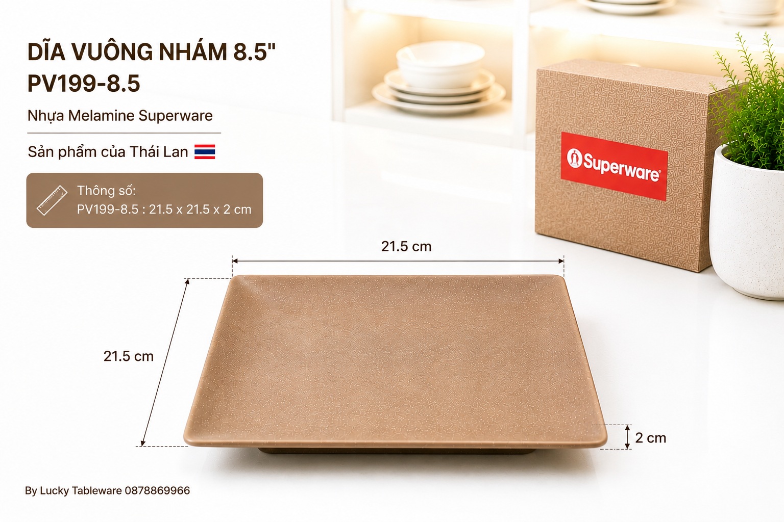 Dĩa Vuông Nhám PV199-8.5 Dark Brown kích thước 21.5 x 21.5 x 2 cm
