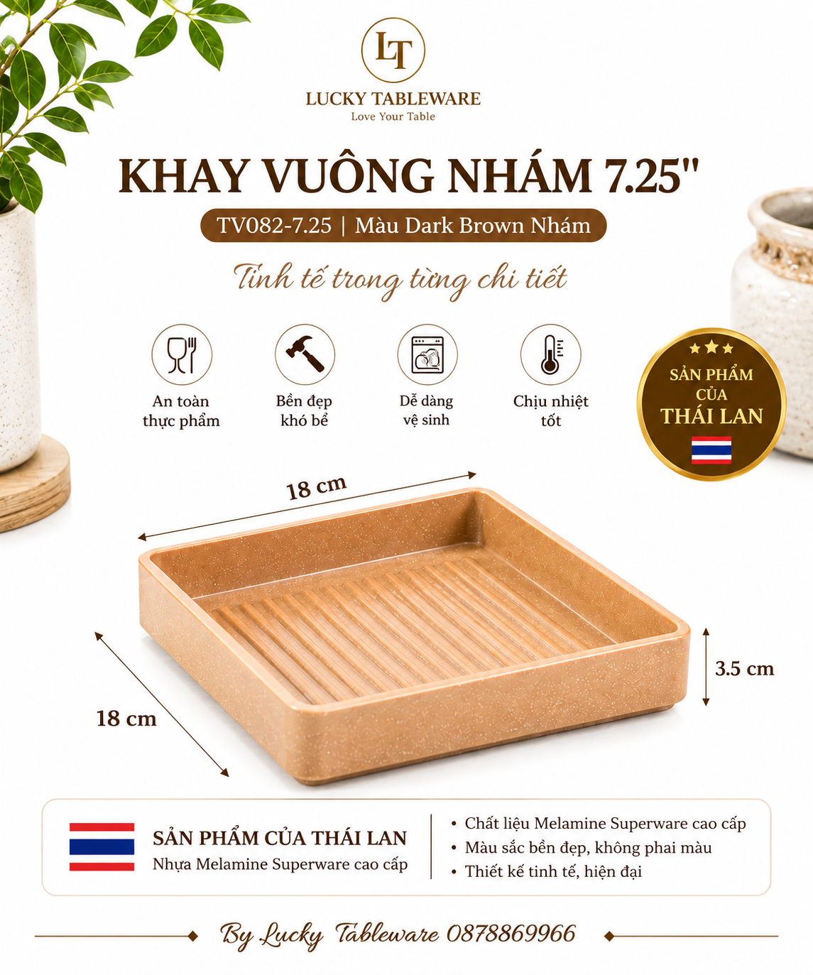 Khay Vuông TV082-7.25 Dark Brown kích thước 18 x 18 x 3.5 cm
