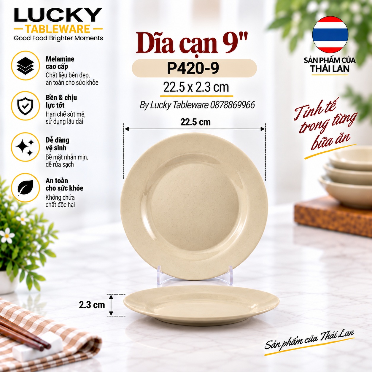Kích thước Dĩa Cạn P420-9 Nâu Bóng 22.5 x 22.5 x 2.3 cm