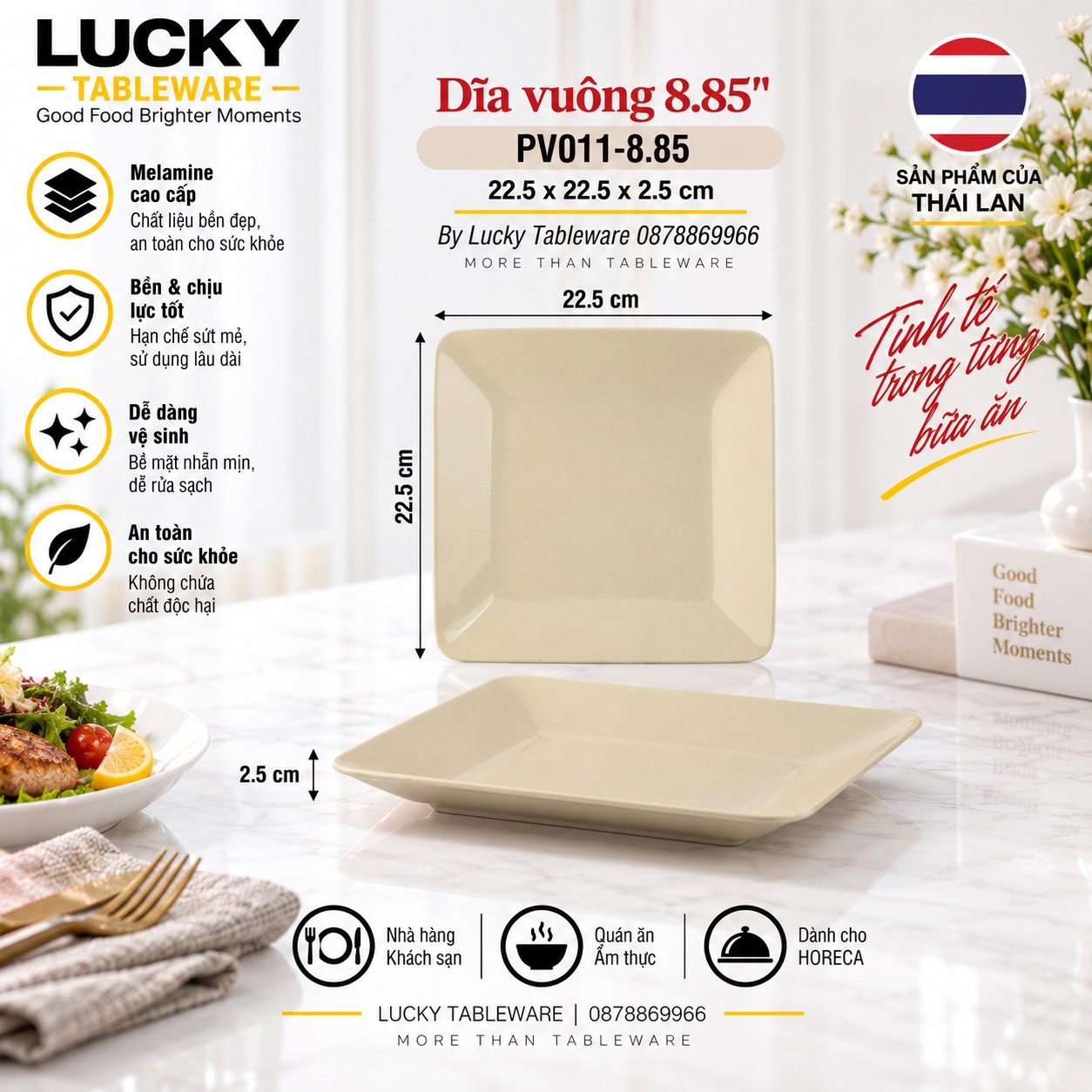 Kích thước Dĩa Vuông PV011-8.85 Nâu Bóng 22.5 x 22.5 x 2.5 cm