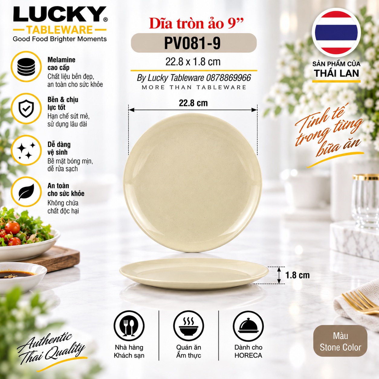 Kích thước Dĩa Tròn Ảo PV081-9 Nâu Bóng 22.8 x 1.8 cm