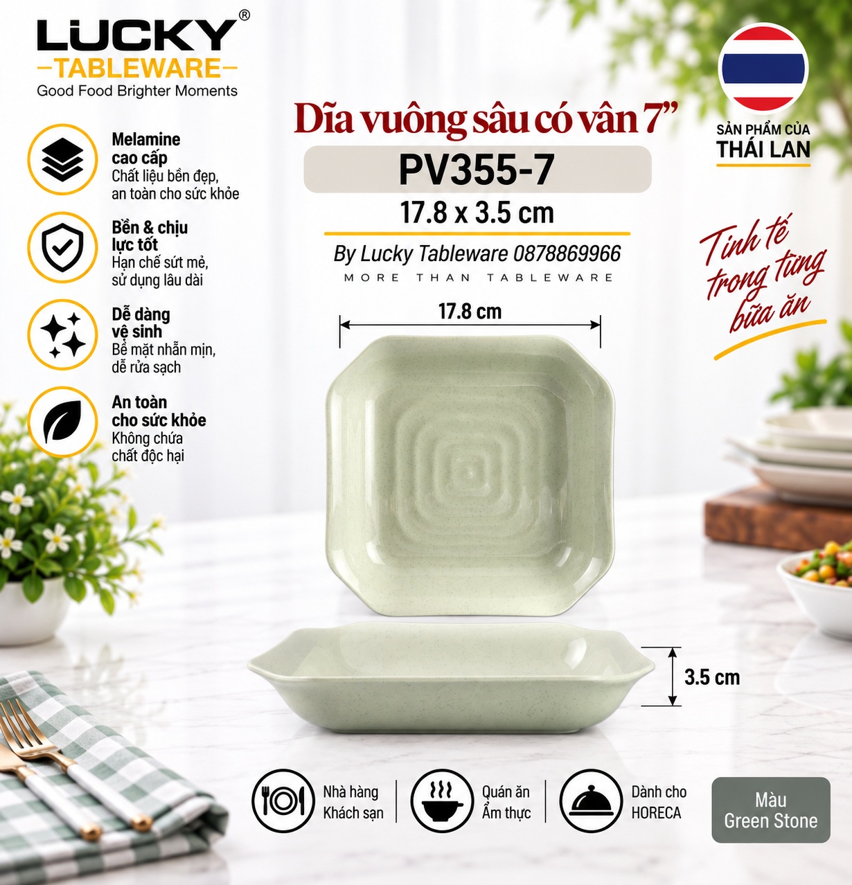 Dĩa Vuông Sâu Có Vân 7 inch PV355-7 Green Stone Superware