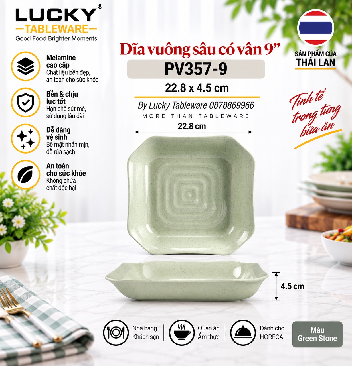 Dĩa Vuông Sâu Có Vân 9 inch PV357-9 Green Stone Superware