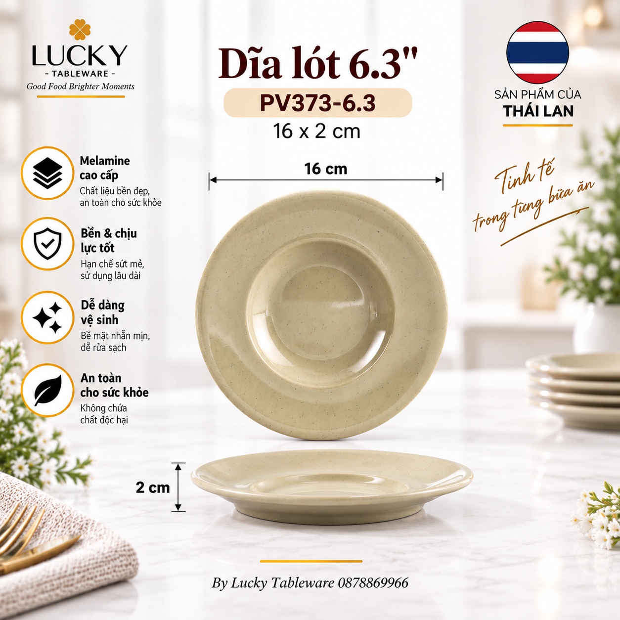 Kích thước Dĩa Lót PV373-6.3 Nâu Bóng 16 x 2 cm