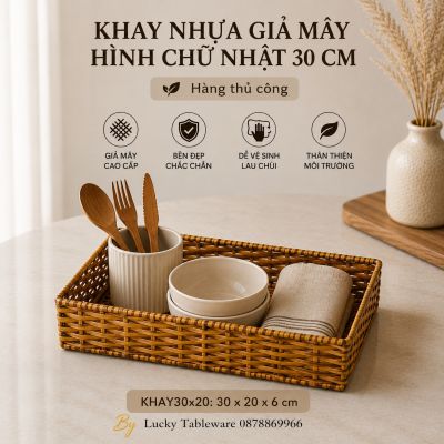 Khay nhựa giả mây hình chữ nhật 30 cm
