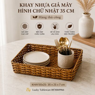 Khay nhựa giả mây hình chữ nhật 35 cm