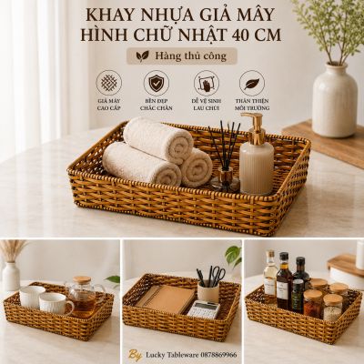 Khay nhựa giả mây hình chữ nhật 40 cm