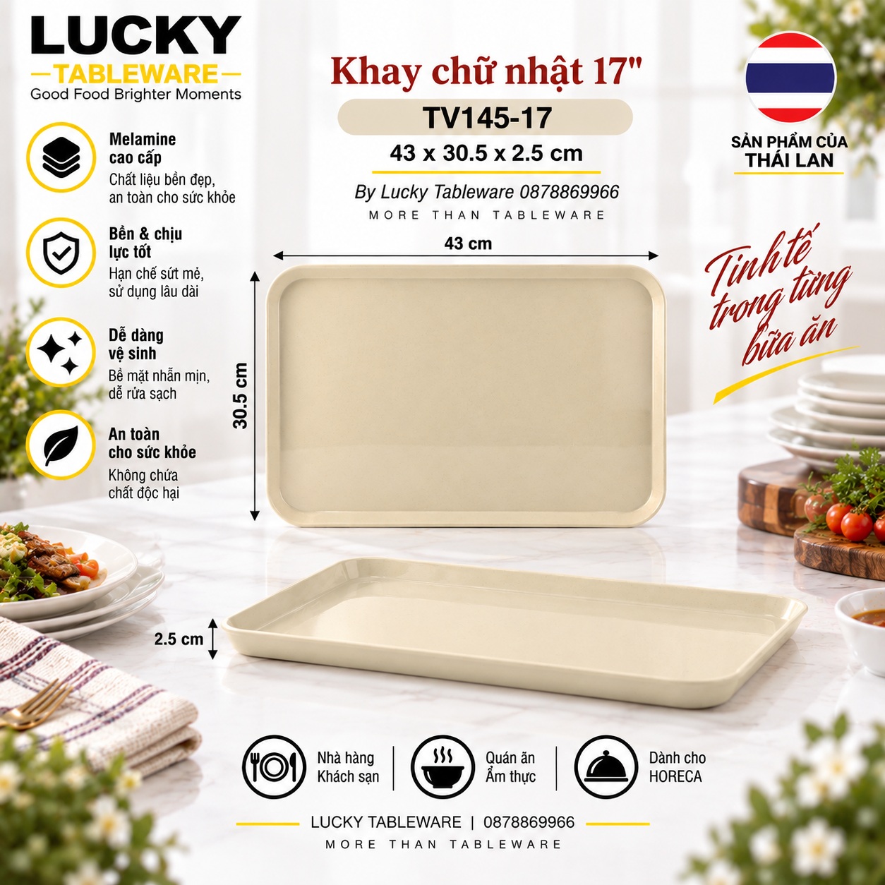 Kích thước Khay Chữ Nhật TV145-17 Nâu Bóng 43 x 30.5 x 2.5 cm