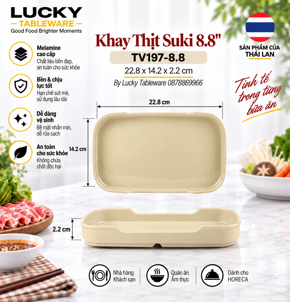Kích thước Khay Thịt Suki TV197-8.8 Nâu Bóng 22.8 x 14.2 x 2.2 cm